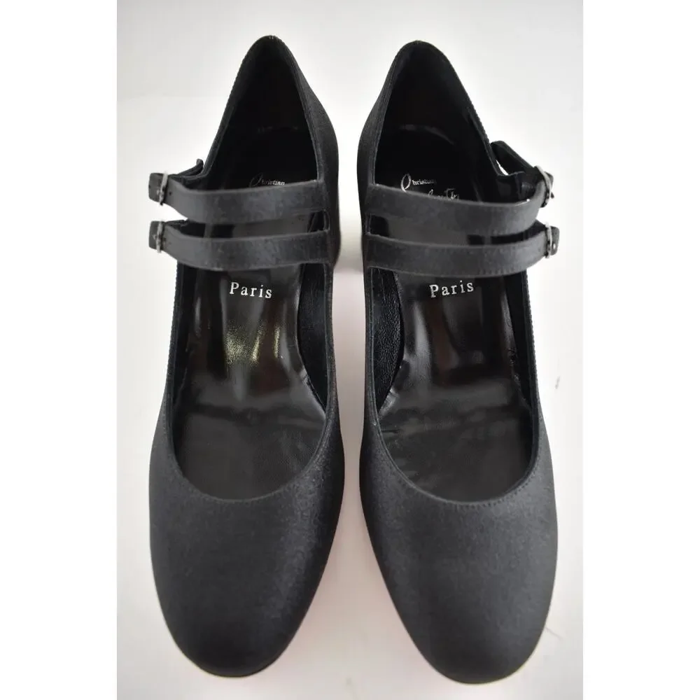 Christian Louboutin Miss Jane 55 Black Glitter Mary Jane Block Heel Pump 37.5